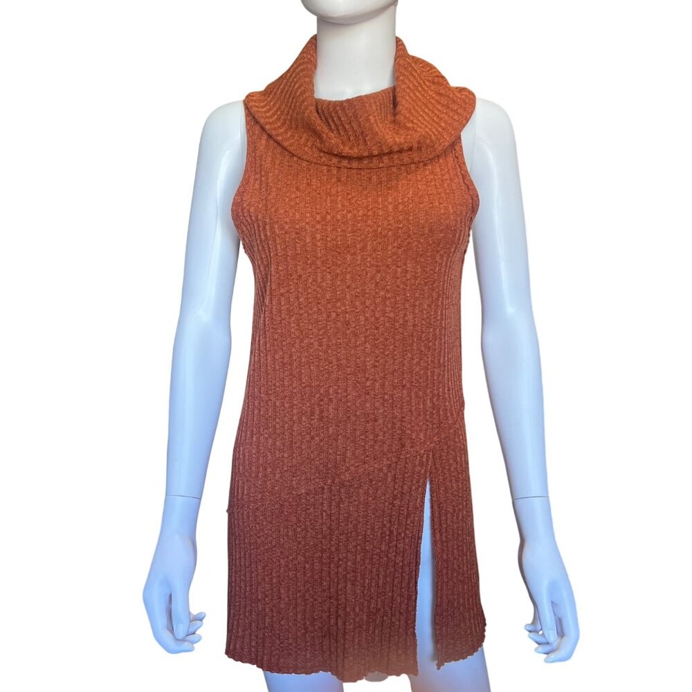 ASTR The Label Rust Orange Ribbed Sleeveless Cowl Neck Tunic Side Slit Womens S